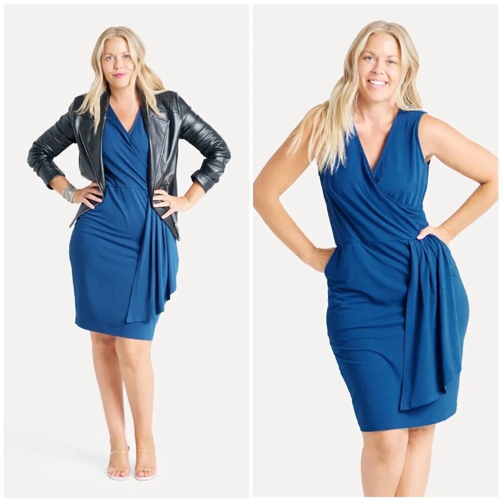 Betabrand | Faux-Wrap Dress Blue Opal Pockets Stretch 3X